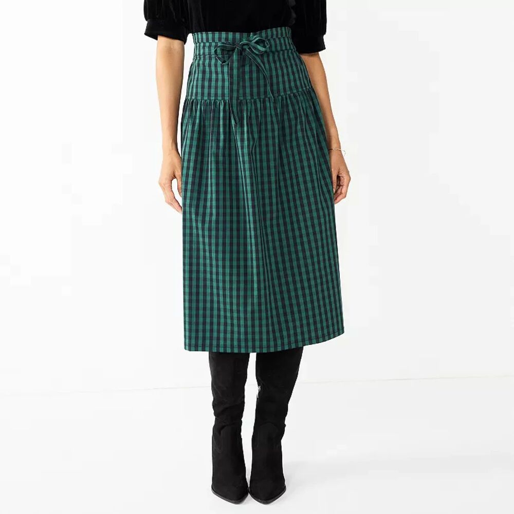 Draper James RSVP Women Midi Skirt Paperbag Buffalo Plaid Green Black XL M282 - Picture 2 of 8